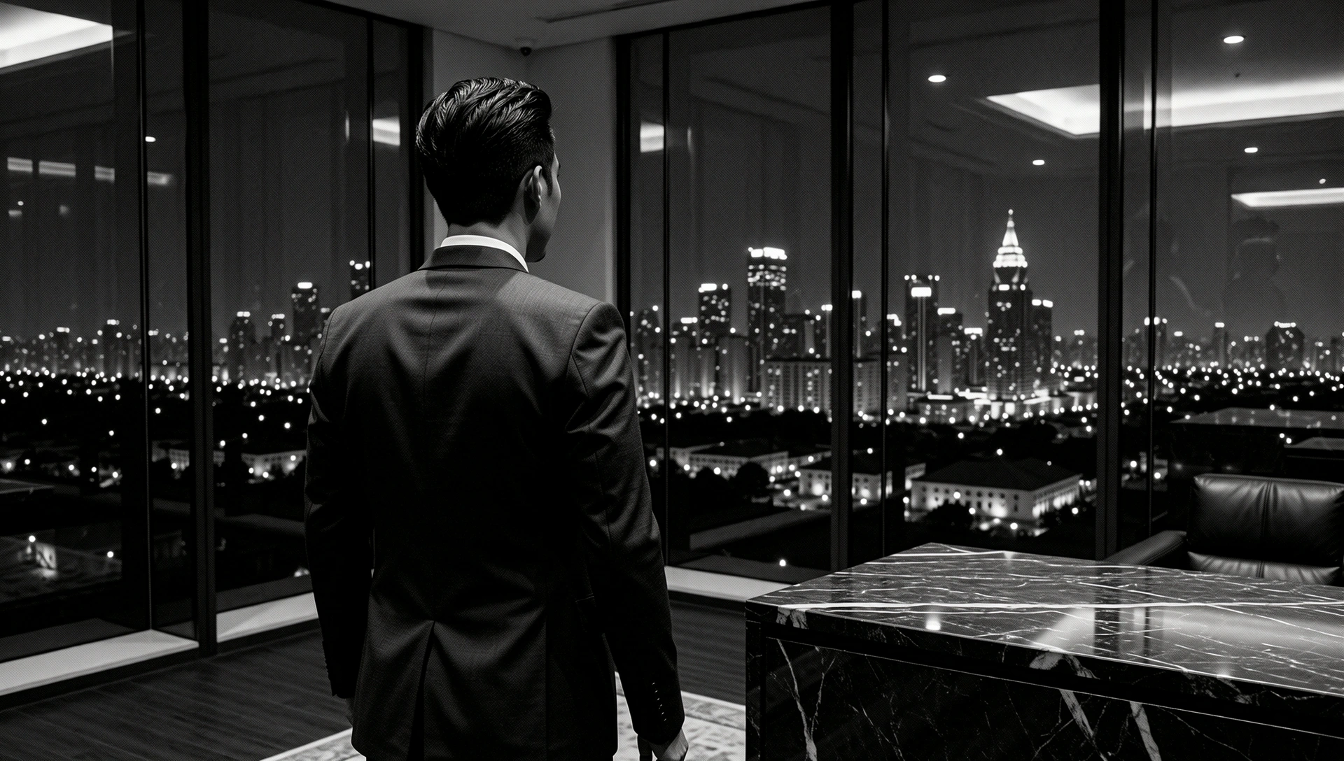 Executive overlooking Jakarta skyline